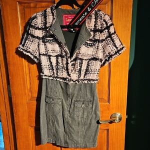Laurence & Chico Pink And Black Lace And Gray Denim Dress